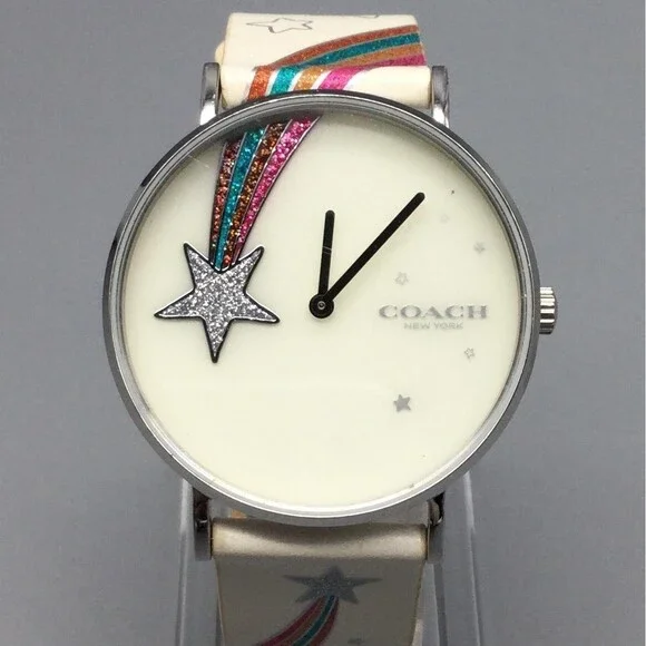 Coach Perry Womens Watch 36mm Leather Rainbow Star CA.120.7.14.1596 New Battery - Picture 1 of 15